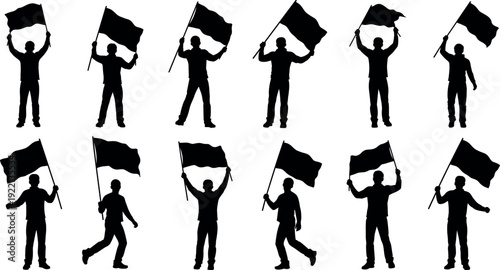 People silhouettes waving flags in protest and celebration poses, activism crowd illustration showing unity, freedom, political rally movement concepts social demonstration vector artwork collection