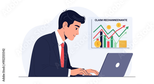 Businessman analyzing financial data on laptop with growth charts illustration