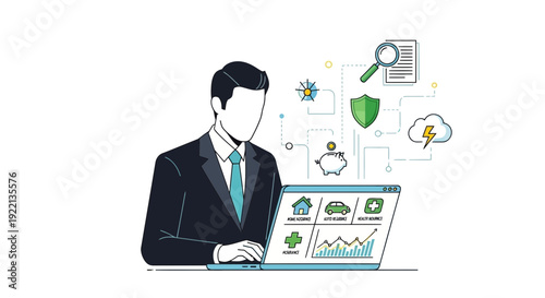 Businessman analyzing financial data on laptop with icons white background