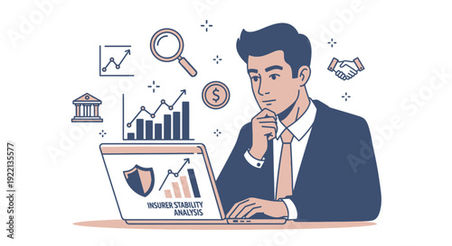 Businessman analyzing financial data on laptop with icons and charts