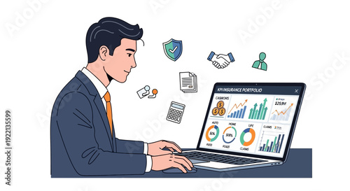 Businessman analyzing financial data on laptop with insurance symbols