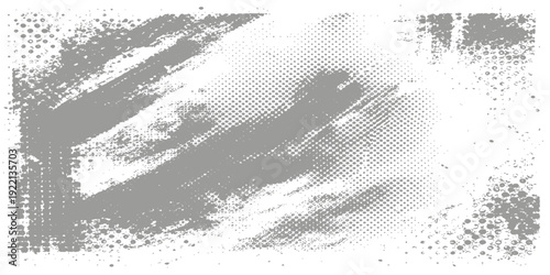 Abstract grunge background with black ink splats and textured brush strokes creates a vintage gray wall design featuring rough paint patterns on an old paper backdrop