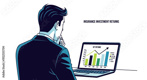 Businessman analyzing financial growth chart on laptop in vector illustration