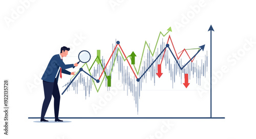 Businessman analyzing financial growth charts with magnifying glass