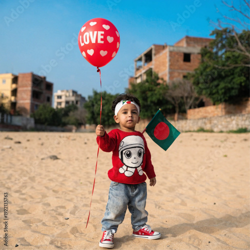 young man with a red balloon