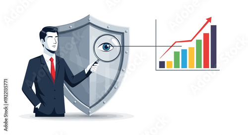 Business analyst examining growth chart and shield concept for data security