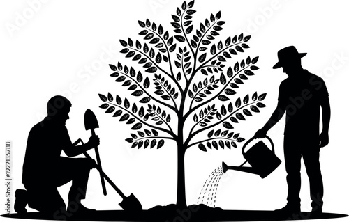Silhouette gardeners planting and watering young tree together, teamwork and environmental care concept, sustainable gardening activity, nature conservation isolated on white background