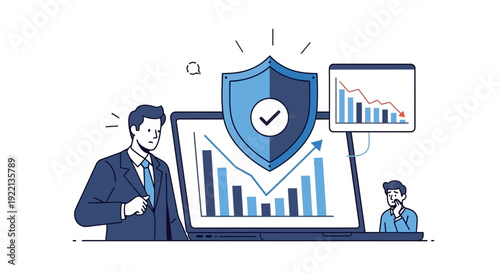Business data analysis secure protection and market trend chart illustration