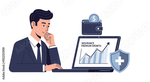 Businessman analyzes insurance premium growth on a laptop vector illustration