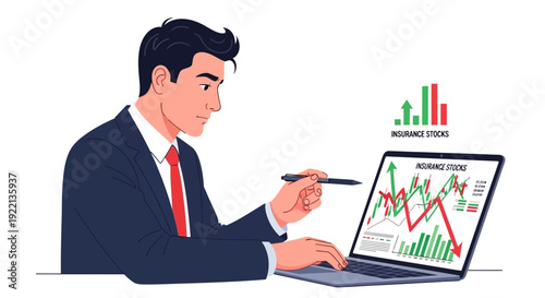 Businessman analyzes stock market data on laptop screen for financial insights