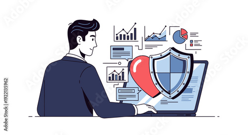 Businessman analyzing data charts and diagrams on a laptop screen