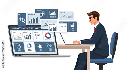 Businessman analyzing data dashboard on laptop isolated concept
