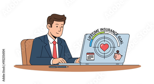 Businessman analyzing financial data on laptop achieving insurance goal