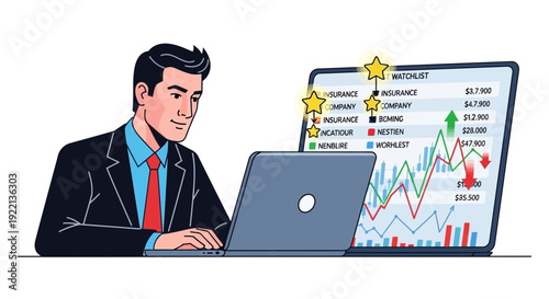 Businessman analyzing financial data on laptop screen vector illustration
