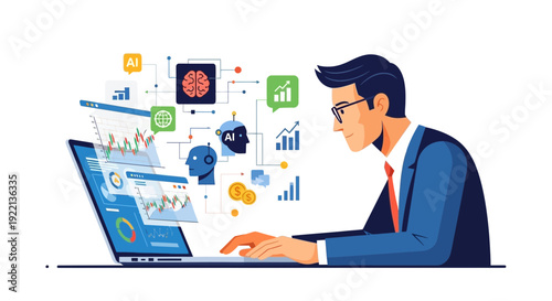 Businessman analyzing financial data on laptop with ai technology