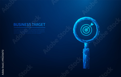 magnifying glass focus of business goal success wireframe blue background. business ambition target and achievement concept. vector illustration low poly fantastic technology.
