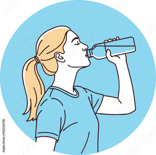 Woman drinking water from bottle, hydration and healthy lifestyle concept showing daily wellness routine, thirst relief and fitness self care in clean modern flat illustration style