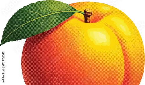 A vibrant, ripe yellow-orange peach with a single green leaf attached sits isolated against a pure white background for visual.