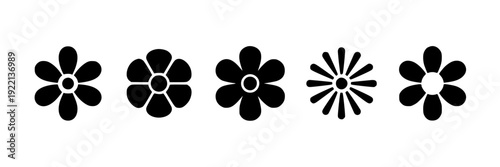 Flowers simple flat icon set with five black floral symbols, minimal blossom silhouettes and sunburst daisy shapes for logo, app UI, pattern, sticker and web design