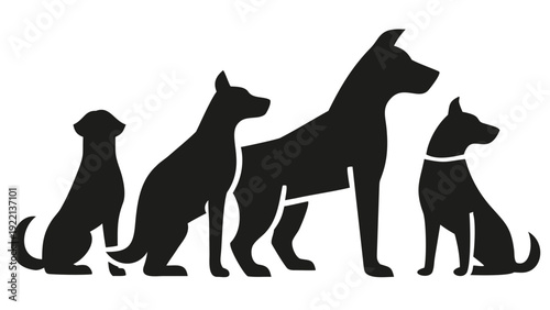 Four dogs sitting in a row looking right in black silhouettes