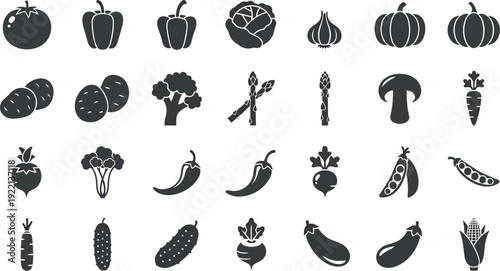 A structured grid display of solid black silhouette icons representing numerous common garden vegetables like tomatoes.