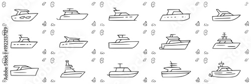 Yachts line icon set with sixteen simple boat outlines in grid layout, minimal nautical doodle collection for marina, cruise, sea travel and marine design