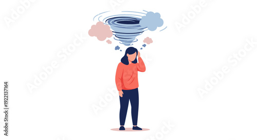 Woman with a swirling vortex above her head symbolizing stress anxiety or mental overload.