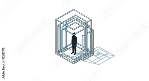 Abstract illustration of a person trapped inside multiple geometric frames symbolizing confinement or complex choices.