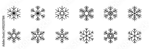 Snowflakes line vector set with intricate patterns and symmetrical designs featuring winter, cold, ice with frost and snow elements for holiday, Christmas projects, clean composition on simple