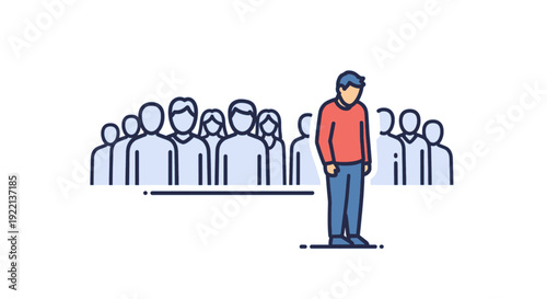 Lonely man standing apart from the crowd feeling isolated and sad concept of social exclusion and mental health in society