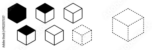 Cubes geometric icon set with solid hexagon, isometric 3D box outlines, dotted wireframe cube, minimal black and white vector symbols for UI, infographic, design