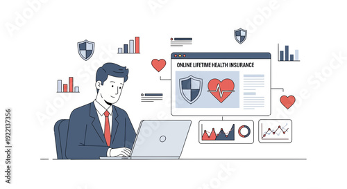 Businessman working on laptop with health insurance concept illustration