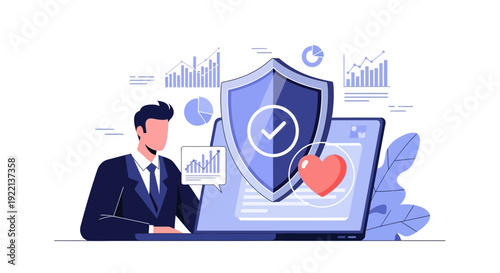 Businessman analyzing health data on laptop with insurance shield concept