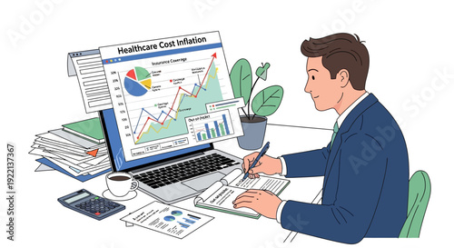 Businessman analyzing healthcare cost inflation data on computer