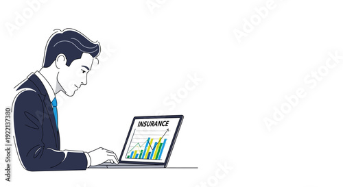Businessman analyzing insurance data on a laptop against white background