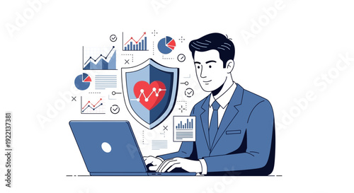 Businessman analyzing health data with laptop and protection symbol