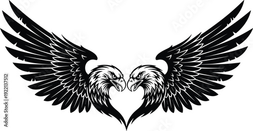 Black and white symmetrical eagle wings illustration with fierce bird heads facing each other for powerful mascot and tattoo design