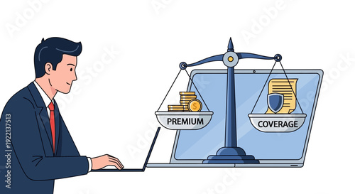 Businessman balancing premium and coverage on a laptop insurance concept