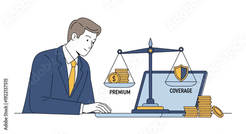 Businessman balancing premium and coverage on a laptop scale illustration