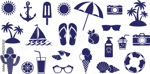 Collection of dark blue silhouette icons representing summer vacation activities, beach travel, and tropical relaxation themes.