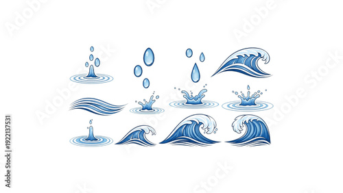 Water Drops and Splashes Waves Elements Isolated Vector Illustration Set
