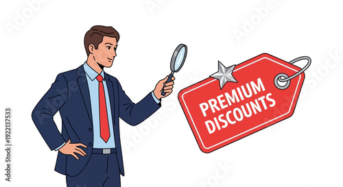 Businessman examining premium discounts tag with a magnifying glass vector illustration