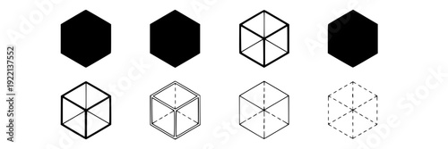 Hexagon icon set with solid and outline geometric cube variants, minimalist black symbols including isometric wireframe, dashed construction lines, vector shapes