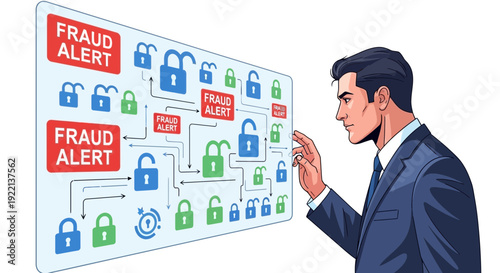 Businessman interacting with digital fraud alert panel cybersecurity concept