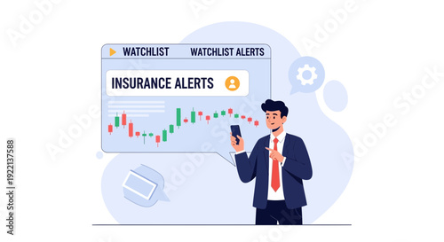 Businessman monitoring insurance alerts on mobile device with financial data