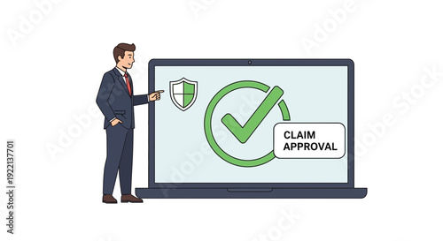 Businessman presenting insurance claim approval on a laptop screen