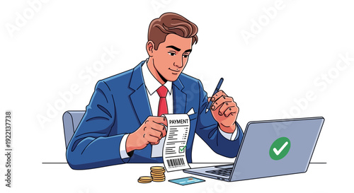 Businessman reviewing payment information with laptop and checkmark icon