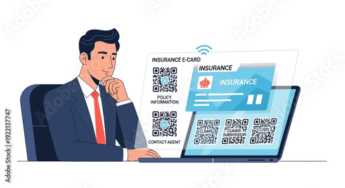 Businessman reviewing insurance e card on laptop with qr codes and digital details