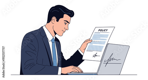 Businessman reviews policy document with laptop isolated on white background