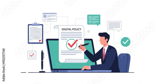 Businessman reviews and approves digital policy on laptop screen